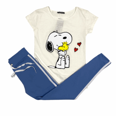Compleu de Casa Femei, Tricou + Colanti, Alb Ivory/Bleu