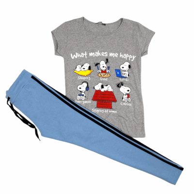 Compleu de Casa Femei, Tricou + Colanti, Gri/Bleu
