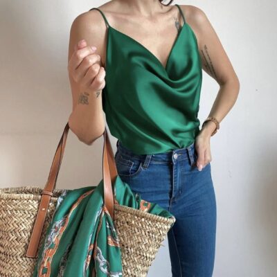Top Satin, Bretele, Marime Universala, Lungime Medie, Verde