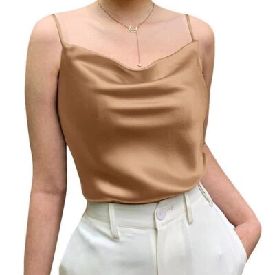 Top Satin, Bretele, Marime Universala, Lungime Medie, Maro Deschis