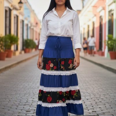 Fusta Vaporoasa, Insertii Dantela, Imprimeu Trandafiri, Negru/Crem