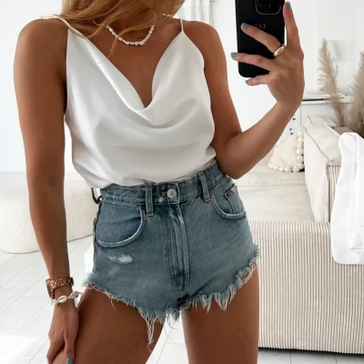 Top Satin, Bretele, Marime Universala, Lungime Medie, Alb