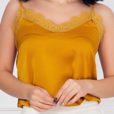 Top Satin, Bretele, Marime Universala, Dantela, Mustar