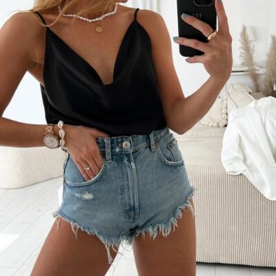Top Satin, Bretele, Marime Universala, Lungime Medie, Negru
