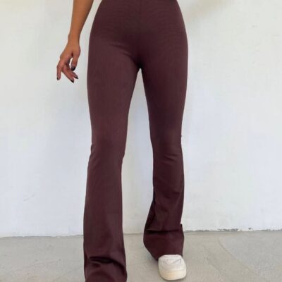 Pantaloni Evazati cu Striatii, Lycra, Aspect Raiat, Talie Inalta, Maro