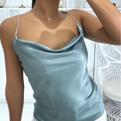 Top Satin, Bretele Cu Strasuri, Marime Universala, Lungime Medie, Turcoaz