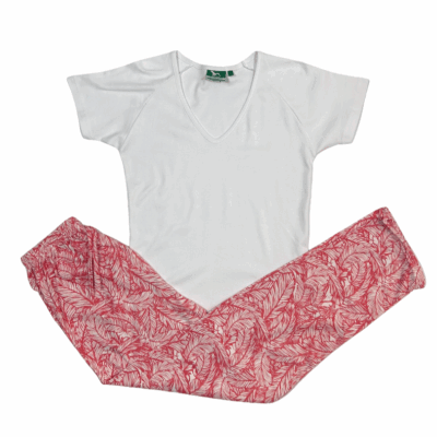 Compleu de Casa Femei, Tricou + Pantaloni, Alb/Rosu