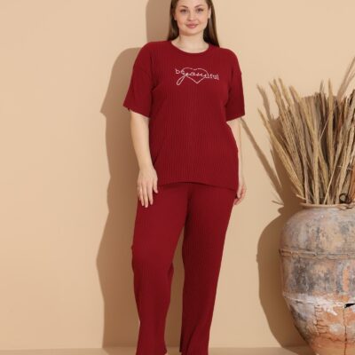 Pijama Femei, Bumbac, Marime Mare, BeYOUtiful, Rosu Bordeaux