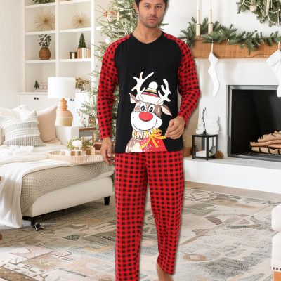 Pijama Barbati, Tematica Craciun, Ren, Bumbac, Negru/Rosu