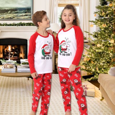 Pijama Copii, Mos Craciun, HoHoHo, Bumbac, Rosu/Alb