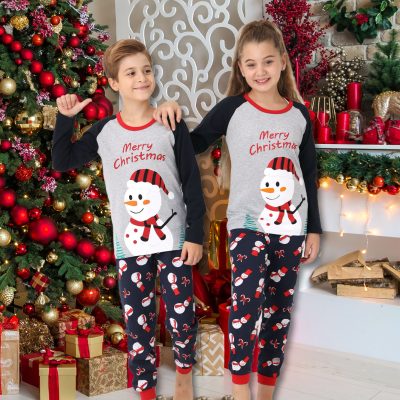 Pijama Copii, Tematica Craciun, Om de Zapada, Bumbac, Gri/Bleumarin