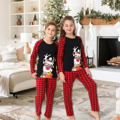 Pijama Copii, Tematica Craciun, Ren, Bumbac, Negru/Rosu