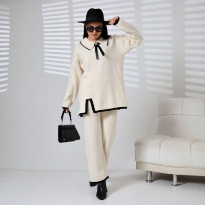 Compleu Tricot Femei, Doua Piese, Funda Decorativa, Alb