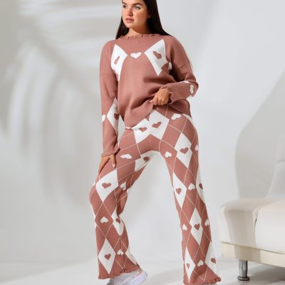 Compleu Tricot Femei, Doua Piese, Inimioare, Roz Pudra