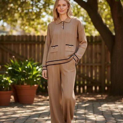 Compleu Tricot Femei, Doua Piese, Nasturi Decorativi, Maro