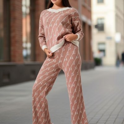 Compleu Tricot Femei, Doua Piese, Litere Guler V, Roz Pudra