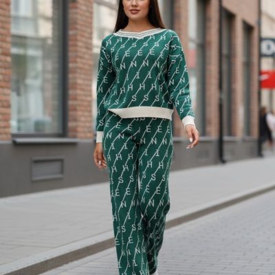 Compleu Tricot Femei, Doua Piese, Litere Guler V, Verde