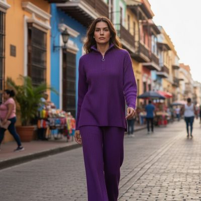 Compleu Tricot Femei, Doua Piese, Guler Inalt, Fermoar, Mov