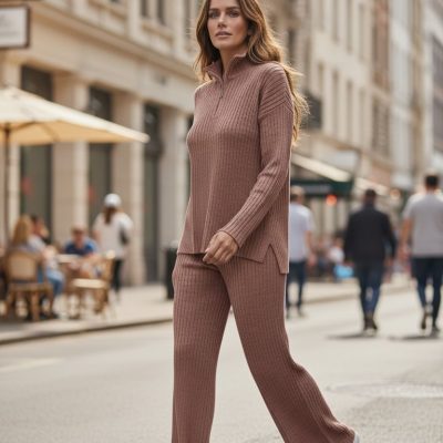 Compleu Tricot Femei, Doua Piese, Guler Inalt, Fermoar, Roz Pudra