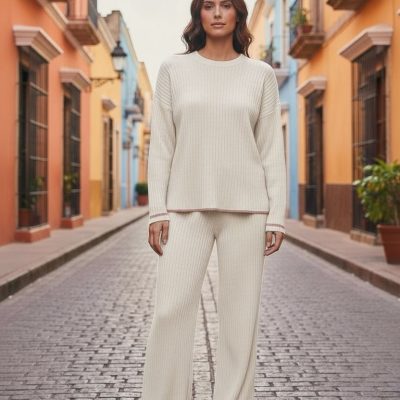 Compleu Tricot Femei, Doua Piese, Alb