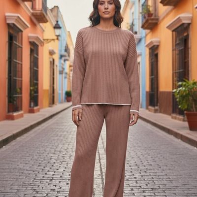 Compleu Tricot Femei, Doua Piese, Roz Pudra