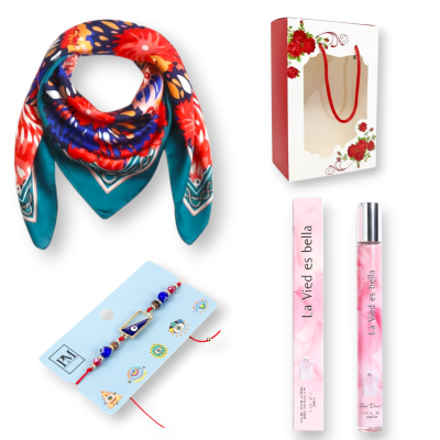 Set cadou Femei, Esarfa 70x70 cm, Multicolor, Parfum Tip Pix 35 ml+Bratara