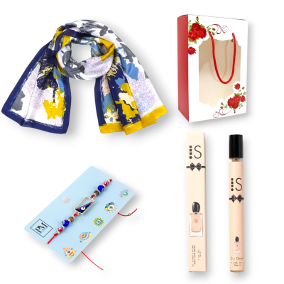 Set cadou Femei, Esarfa 90x180 cm, Albastru/Galben, Parfum Tip Pix 35 ml+Bratara
