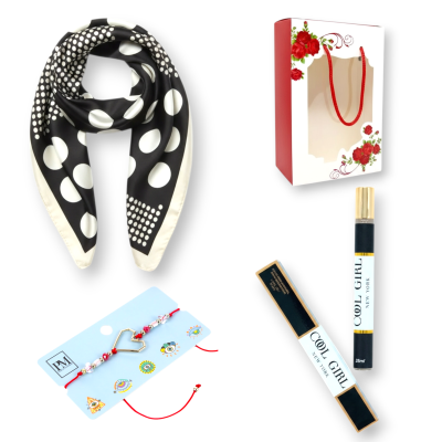 Set cadou Femei, Esarfa 70x70 cm, Negru/Alb, Parfum Tip Pix 35 ml+Bratara