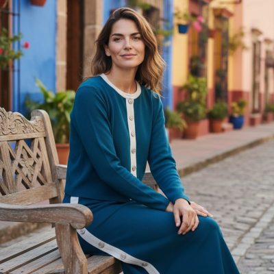 Compleu Tricot Femei, Doua Piese, Fusta, Verde