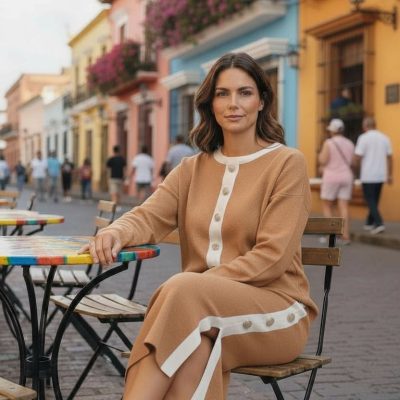 Compleu Tricot Femei, Doua Piese, Fusta, Maro