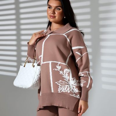 Compleu Tricot Femei, Doua Piese, Guler, Roz Pudra