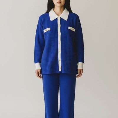 Compleu Tricot Femei, Doua Piese, Over Size, Casual, Albastru