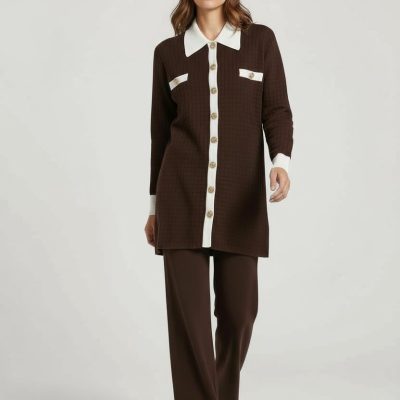 Compleu Tricot Femei, Doua Piese, Over Size, Casual, Maro Inchis