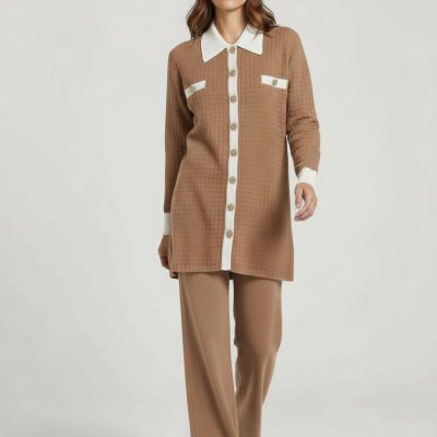 Compleu Tricot Femei, Doua Piese, Over Size, Casual, Maro Deschis