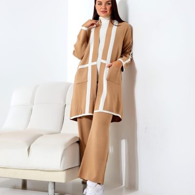 Compleu Tricot Femei, Trei Piese, Clasic, Maro/Alb