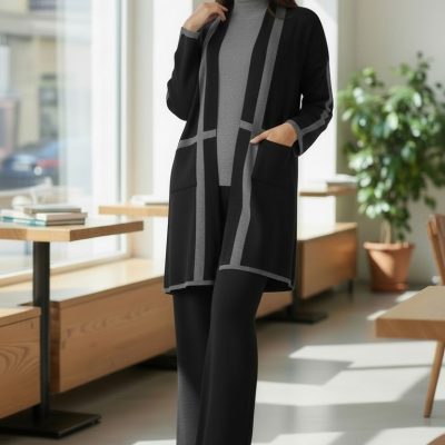 Compleu Tricot Femei, Trei Piese, Clasic, Negru/Gri