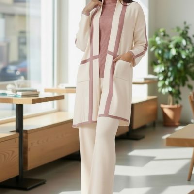 Compleu Tricot Femei, Trei Piese, Clasic, Ivory/Roz