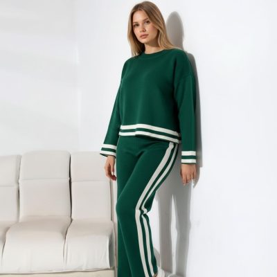 Compleu Tricot Femei, Doua Piese, Verde/Alb