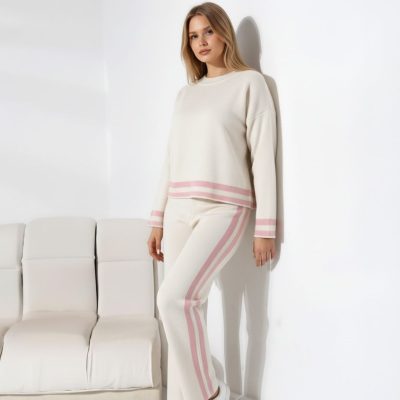 Compleu Tricot Femei, Doua Piese, Alb Ivory/Roz Pudra