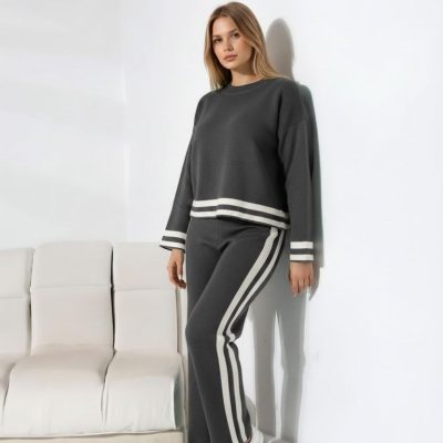 Compleu Tricot Femei, Doua Piese, Gri inchis/Alb