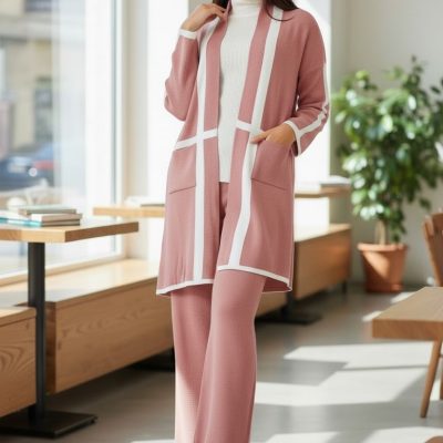 Compleu Tricot Femei, Trei Piese, Clasic, Roz Pudra/Alb