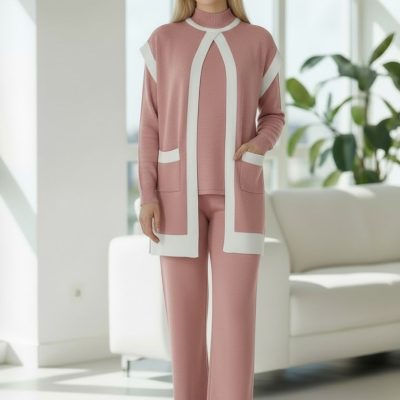 Compleu Tricot Femei, Trei Piese, Clasic, Roz Pudra/Alb