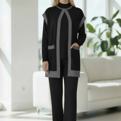 Compleu Tricot Femei, Trei Piese, Clasic, Negru/Gri