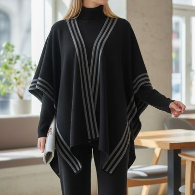 Compleu Tricot Femei, Trei Piese, Clasic, Negru/Gri