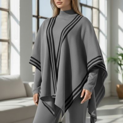 Compleu Tricot Femei, Trei Piese, Clasic, Gri/Negru