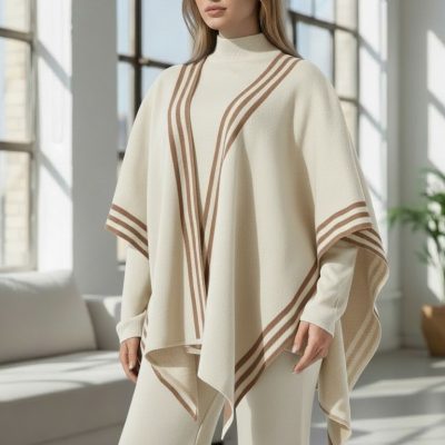 Compleu Tricot Femei, Trei Piese, Clasic, Alb Ivory/Maro