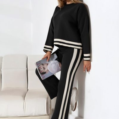 Compleu Tricot Femei, Doua Piese, Negru/Alb