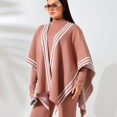 Compleu Tricot Femei, Trei Piese, Clasic, Roz Pudra/Alb