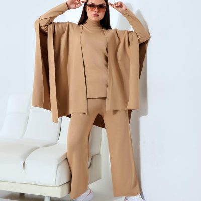 Compleu Tricot Femei, Trei Piese, Clasic, Maro