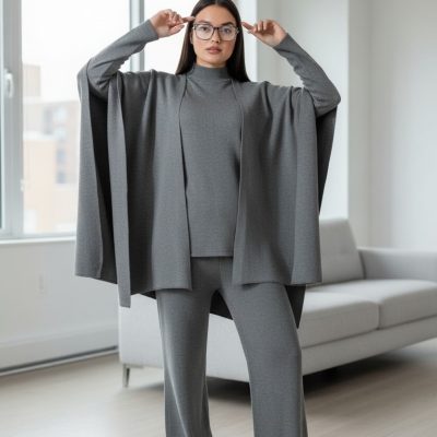 Compleu Tricot Femei, Trei Piese, Clasic, Gri